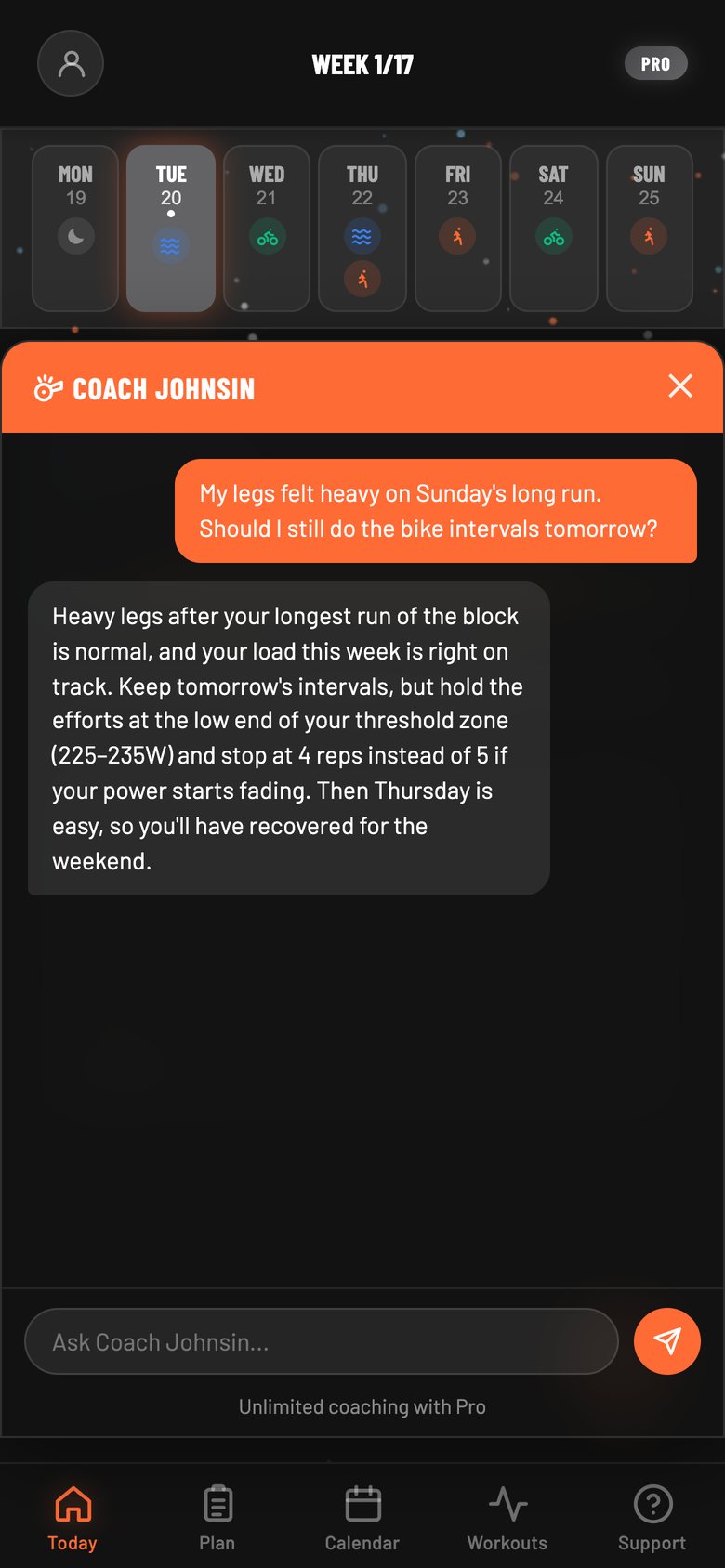 The coach chat: an athlete asks whether to do bike intervals after a heavy long run, and the coach suggests holding the low end of threshold and cutting a rep if power fades